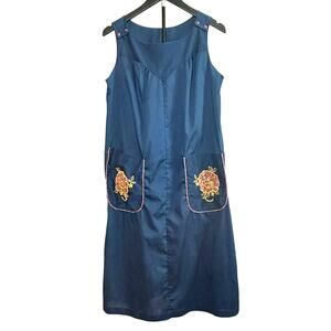 VTG 70s ILGWU Embroidered Floral Pocket Pinafore Dress Navy Blue Small Retro